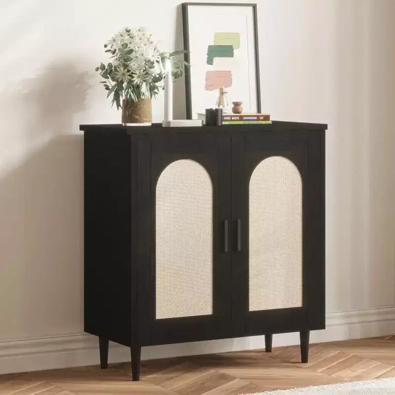 Sideboard Console Table, Rattan Accent Adjustable Storage Sideboard for Hallway Dining Room Kitchen