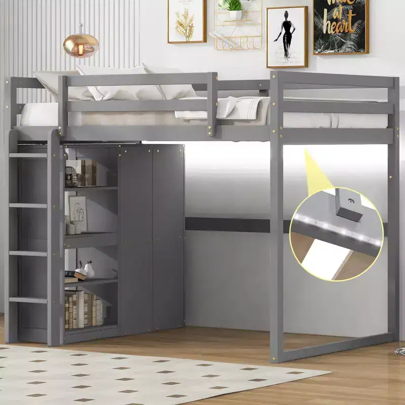79.5''L 57.0''W Wood Full Size Loft Bed with Built-in Wardrobe, Storage Shelves and Led light