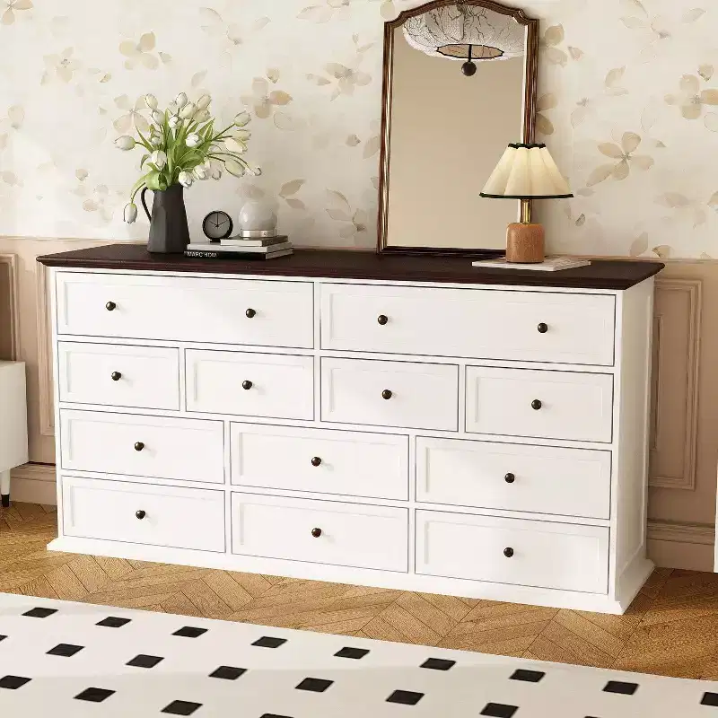 Hitow Large White 12 Drawer Horizontal Dresser with Oak Colour Top Table