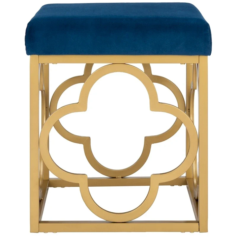 Navy / Emerald / Cream Velvet Square Ottoman with Gold Quatrefoil Frame for 1 Person