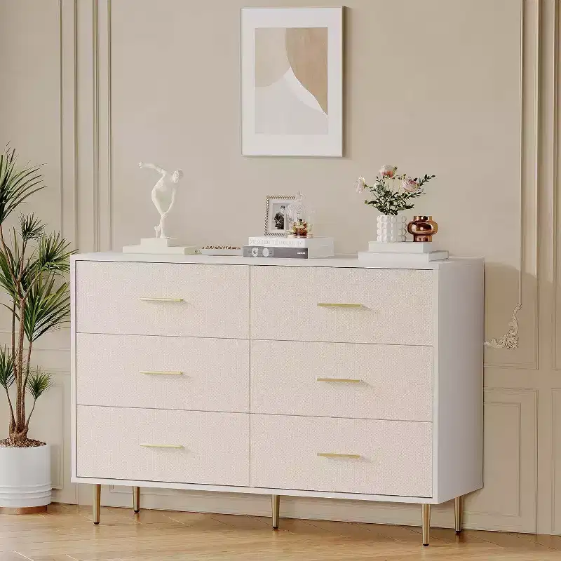 6 Drawer Dresser, Modern White Chest of Drawers with Gold Metal Legs and Handles, Large Double Wooden Dresser for Bedroom, Living room Office