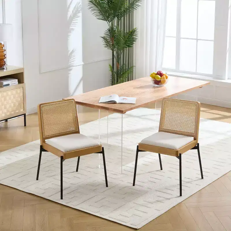 GDFStudio Becher Mid-Century Modern Rubber Wood and Linen Upholstered Dining Chair with Rattan Backrest (Set of 2)