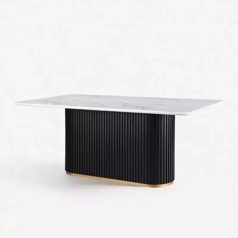 Rectangular Faux Marble Dining Table Black Fluted Pedestal Base Seats 6
