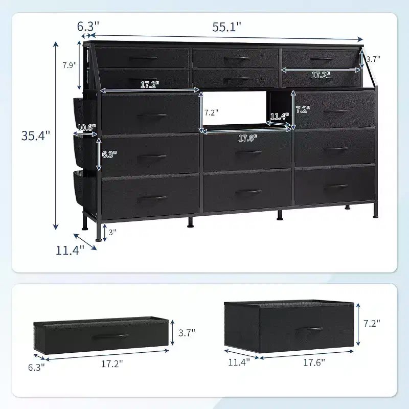 Dresser for Bedroom with 14 Drawers, 55 W Dresser with Side Pocket, Fabric Dressers & Chests of Drawers with Shelves