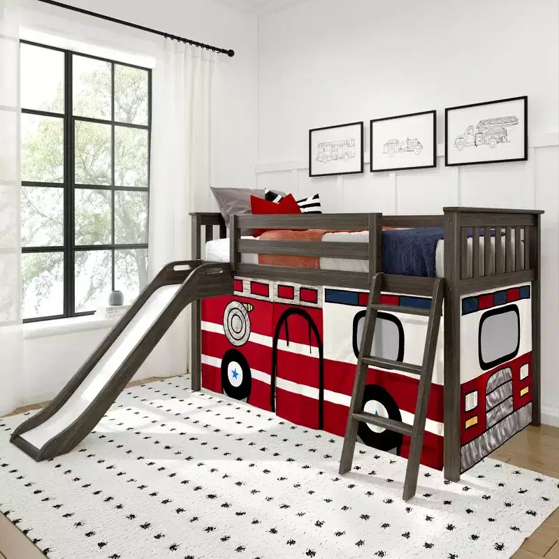 Twin Low Loft With Easy Slide & Firetruck Curtain