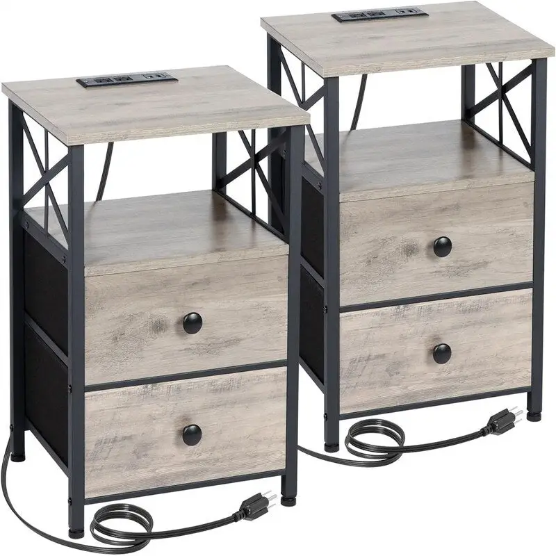 Black Nightstand with Charging Station - 15.7D x 13.8W x 23.8H