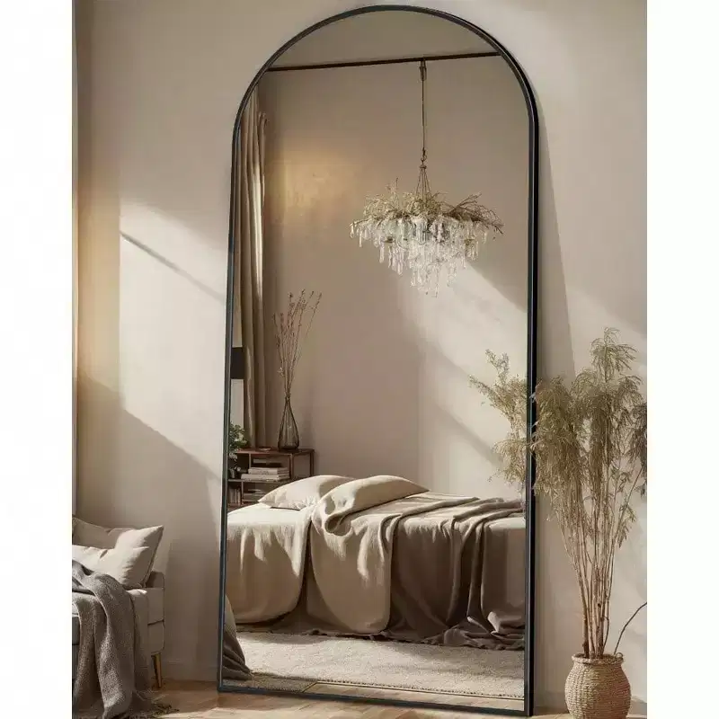 71x28 Black Arch Mirror with Stand. Full Length for Freestanding or Hanging Use in Bedroom, Living Room