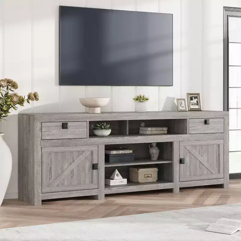 GustoWave Farmhouse TV Stand for 80 Inch TVs, Long Entertainment Center with 4 Storage Drawers & 3 Open Shelf