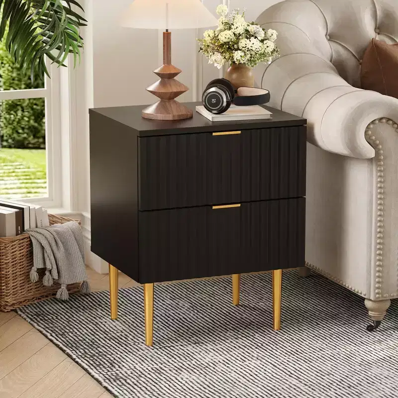 2 PCS Modern Fluted Nightstand & 2 Drawers | Gold & Wood Bedside Table & Outlets | Small Side Table for Bedroom