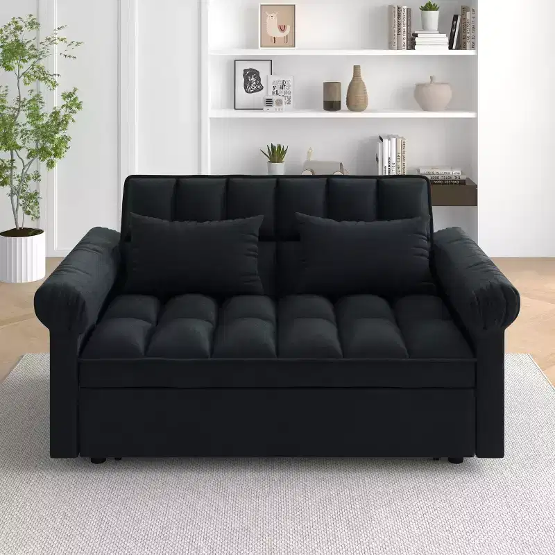Convertible Modern Pull Out Loveseat Sofa Bed Adjustable for Living Room Bedroom Black