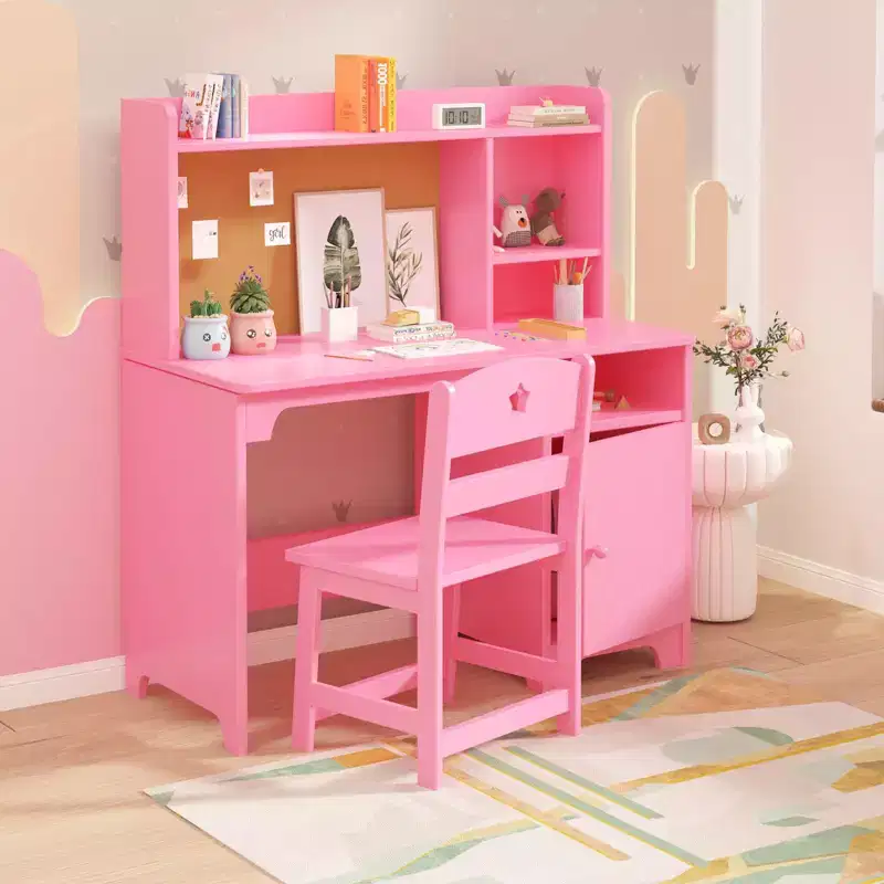 Kids Study Desk & Chair Set with StorageToddler Ergonomic Children's Learning Table with Bookshelf & Organizer - Engineered Wood Construction