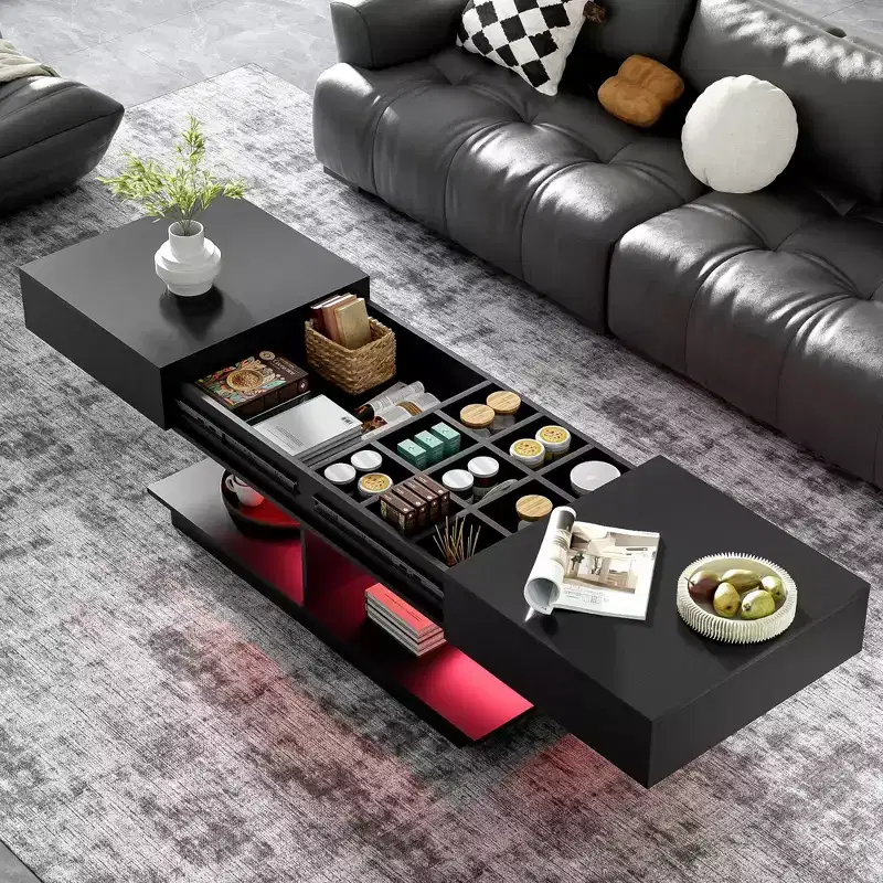 Extendable Coffee Table with Storage and LED Lights, Hidden Compartment, Open Shelf for Living Room