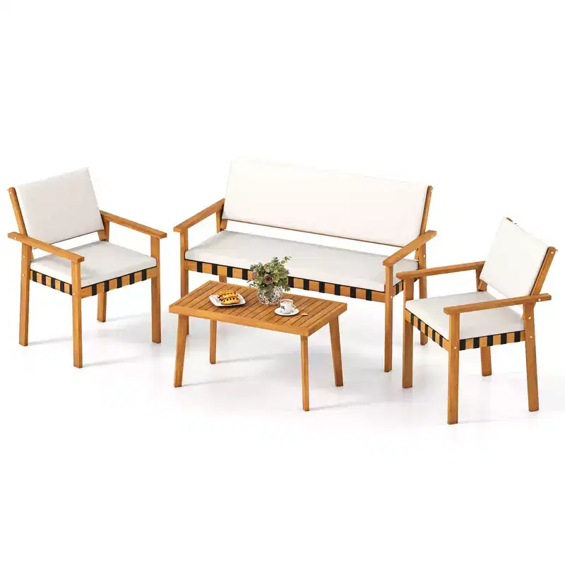 Costway 4 PCS Wood Furniture Set with Coffee Table Seat Back Cushions for Backyard, Porch