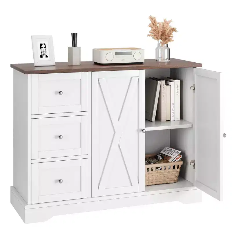 42 Farmhouse Buffet Cabinet with Storage, Coffee Bar Cabinet with 3 Drawers, Sideboard for Kitchen Dining Living Room, White