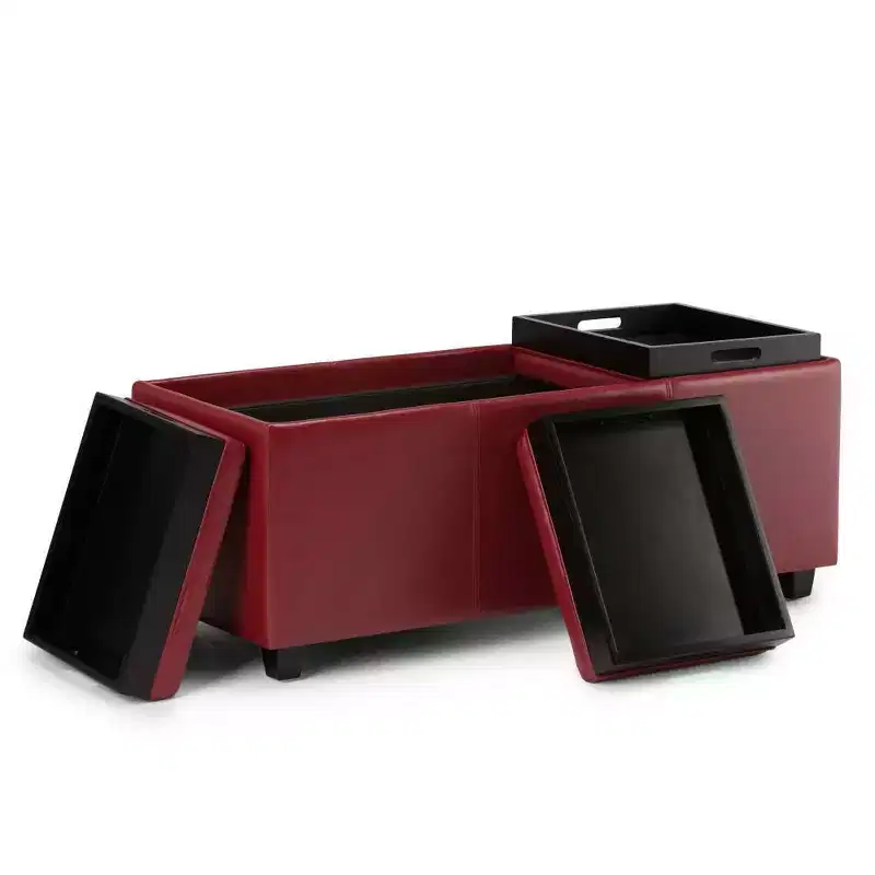 Red Faux Leather Rectangular Storage Ottoman with 3 Flip-Top Trays – Seats 1
