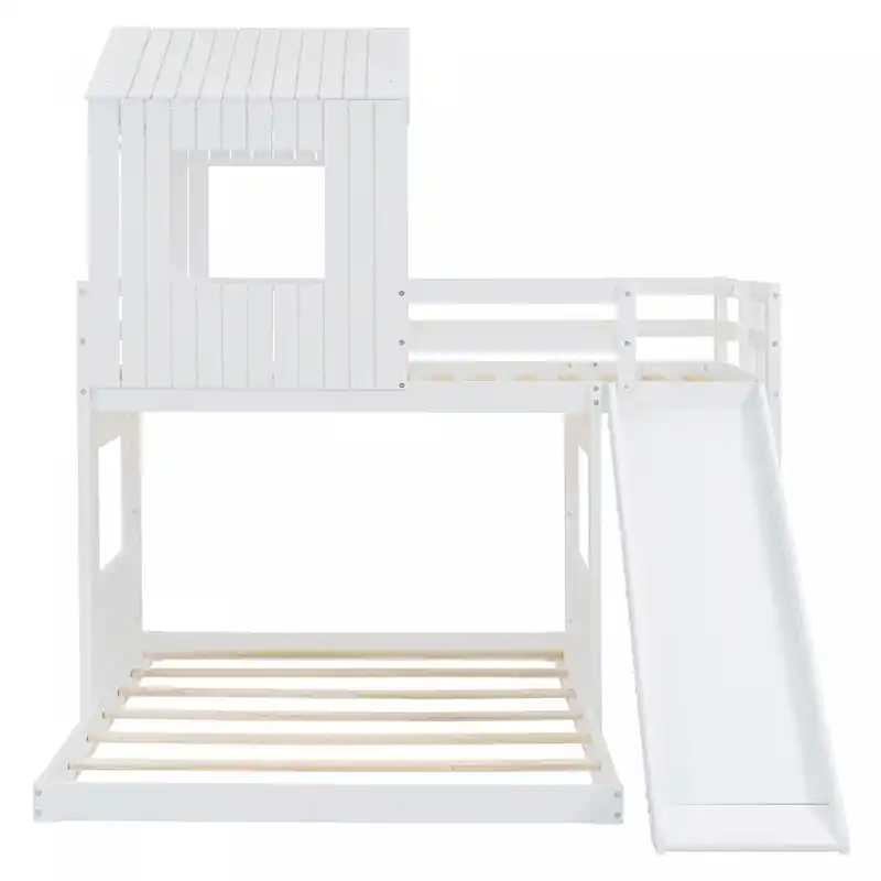 Twin Over Solid Wood Full Bunk Bed With Slide, Playhouse Design