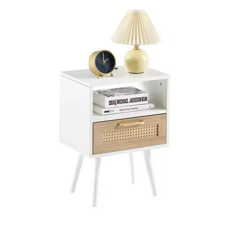 Mid-Century Modern Nightstand,15.75 Rattan Night Stands with Power Outlet & USB Ports,Drawer Solid Wood Legs, Bedroom Night Stand