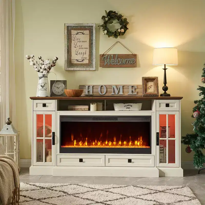 Antique White / Dark Rustic Oak / Light Rustic Oak / Reclaimed Barnwood Farmhouse TV Stand with Electric Fireplace, Fits up to 80