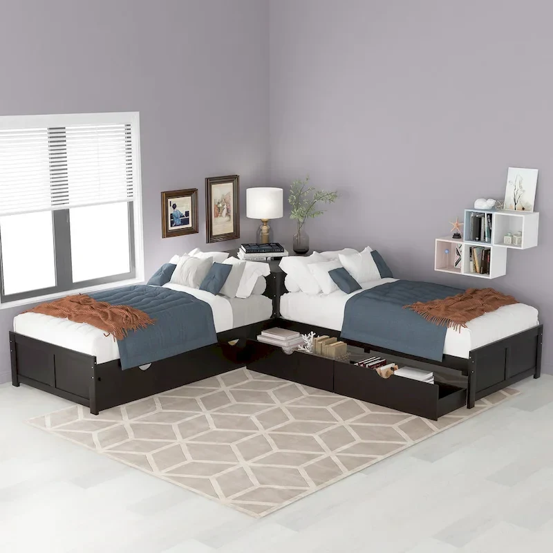 L-Shaped Bunk Bed with Trundle, Drawers, and Built-In Desk, Twin