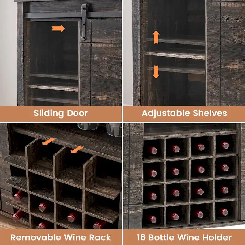 Farmhouse 47 Wine Bar Cabinet Buffet Sideboard Cabinet with 16 Bottle Wine Rack - 15.7D x 47.2W x 34.61H