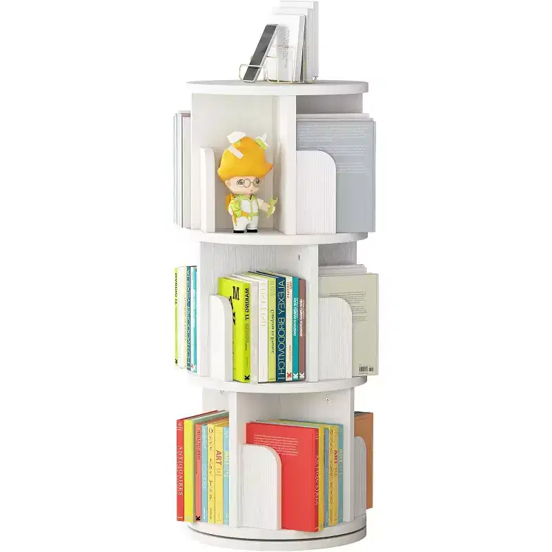 3-Tier Rotating Bookcase with 360 Degree Display, Corner Spinning Shelf for Small Spaces, Wood Tone Finish Storage Organizer for Bedroom