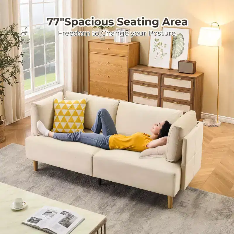 76 Upholstered Loveseat Sofa with Deep Seats & Removable Pillows, Velvet 2-Seater Couch for Living Room, Apartment, or Office, Beige