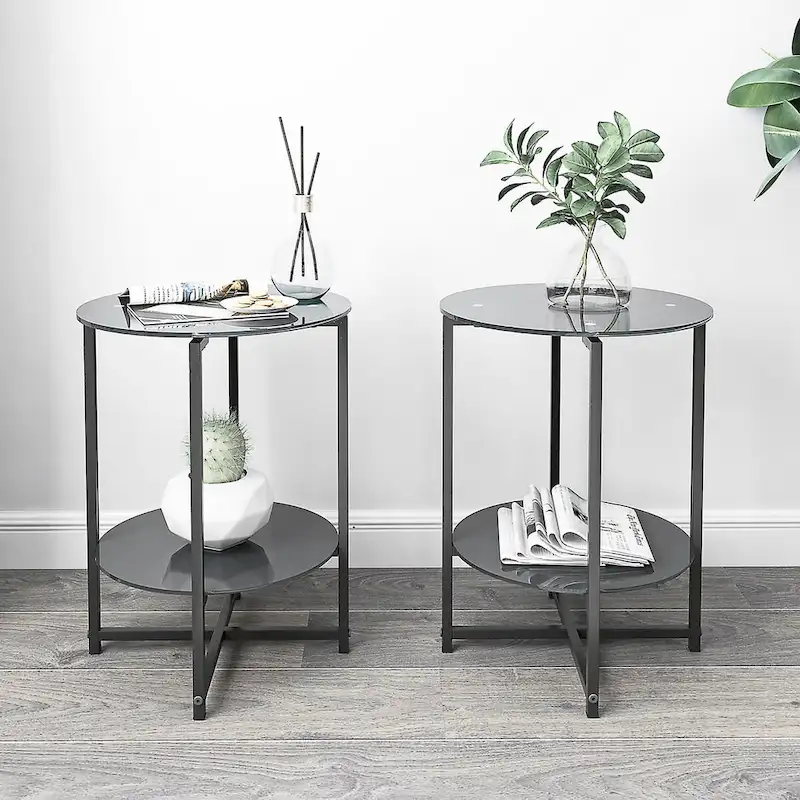 2-piece set,Tempered Glass End Table, Round Coffee Table for Bedroom Living Room Office