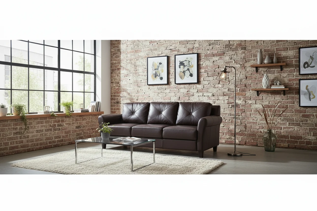 Faux Leather Sofa Java Brown - : Upholstered, 3-Seater, Tufted Back, High-Density Foam