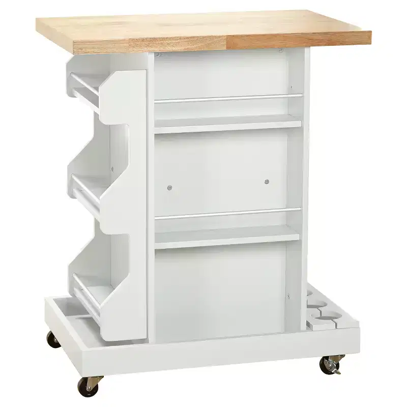 Buylateral Hampton Kitchen Cart White: Rubberwood Top, Modern Design, Space Saver, Stemware Rack