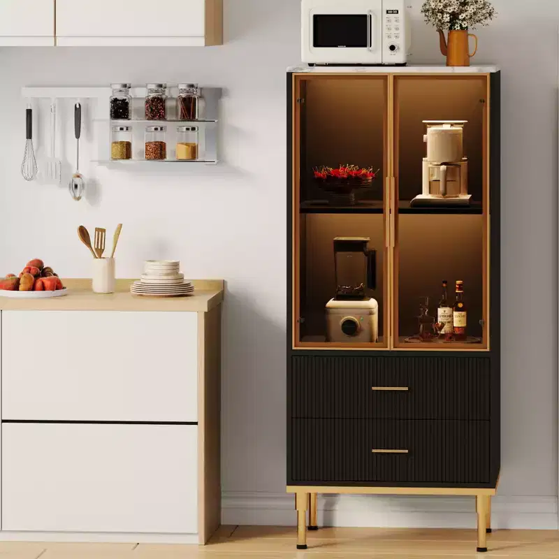Fluted Storage Cabinet with Glass Door and 2 Drawers, Modern Display Storage Cabinet, Kitchen Pantry with Adjustable Shelves for Collectibles