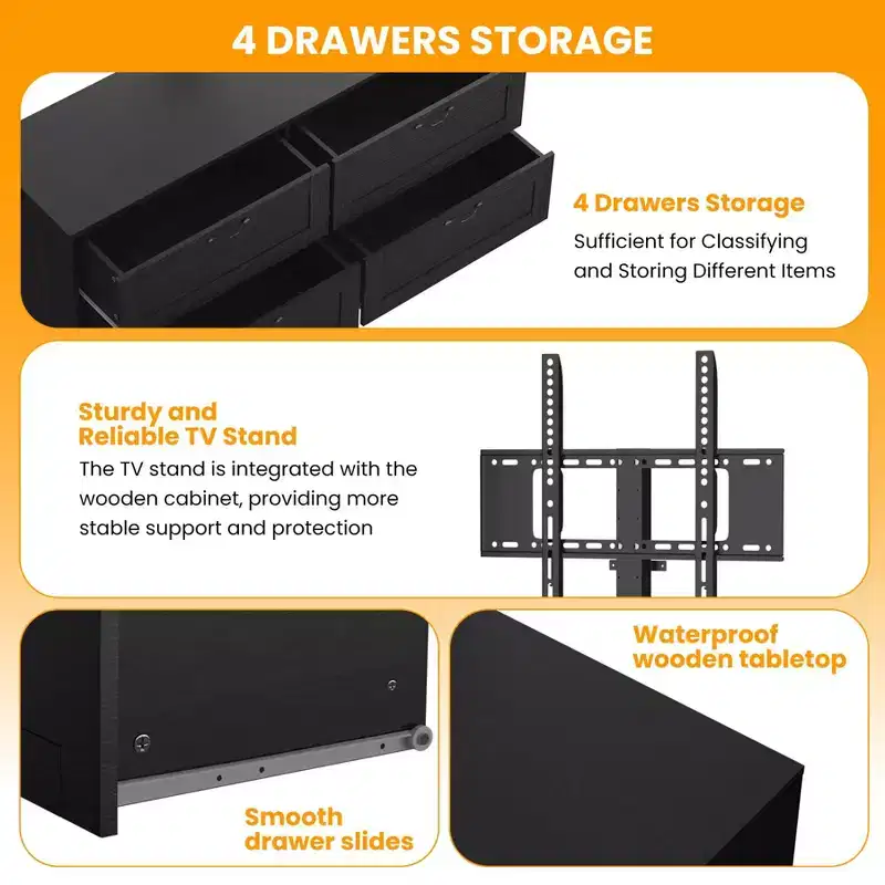 TV Stand with Adjustable Mount for 32-80 TVs  4 Storage Drawers  Wood Media Console Table