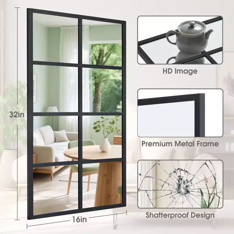 JIONJOY Minimalist Black Metal Framed Wall Mirror, Window-Style Accent Mirror, Shatterproof Entryway Mirror