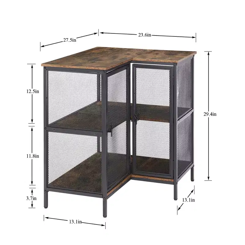 VECELO 3 Tier Corner Storage Cabinet with Mesh Doors, Rustic L-Shaped Corner Shelf Unit, Small Corner Organizer Cabinet for Living Room, Home Office
