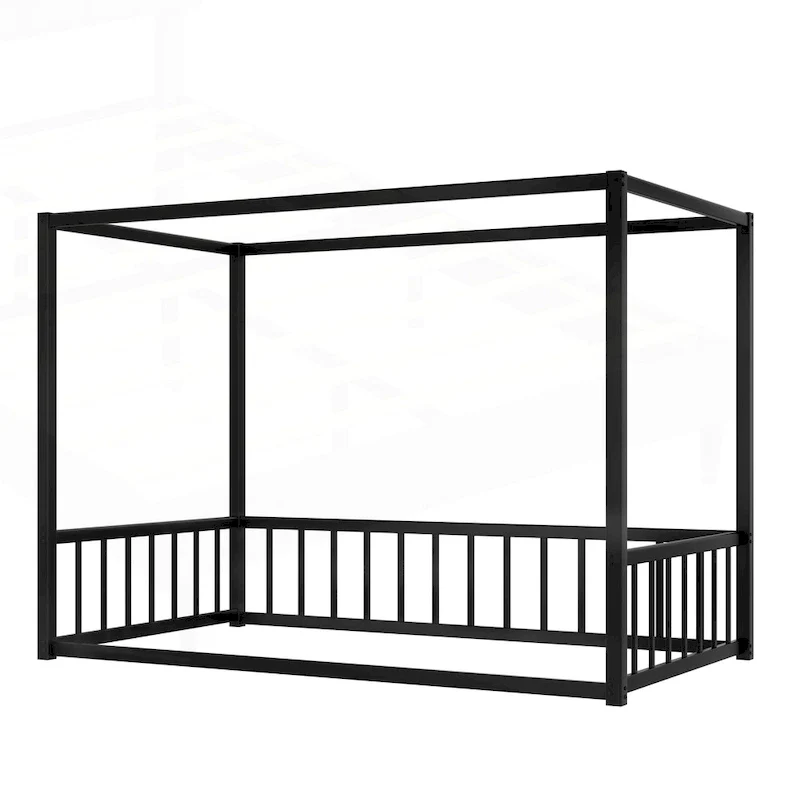 Iron House Bed Frame with Side Guardrails – Full / Queen / Twin