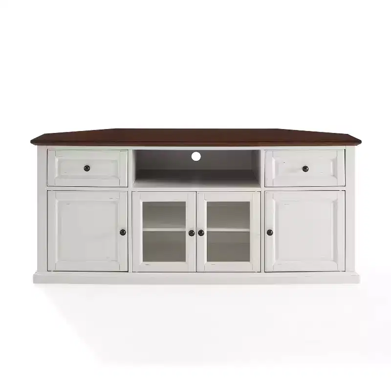 Corner TV Stand for TVs up to 65" White Beveled Glass Doors, Media Storage, Cable Management