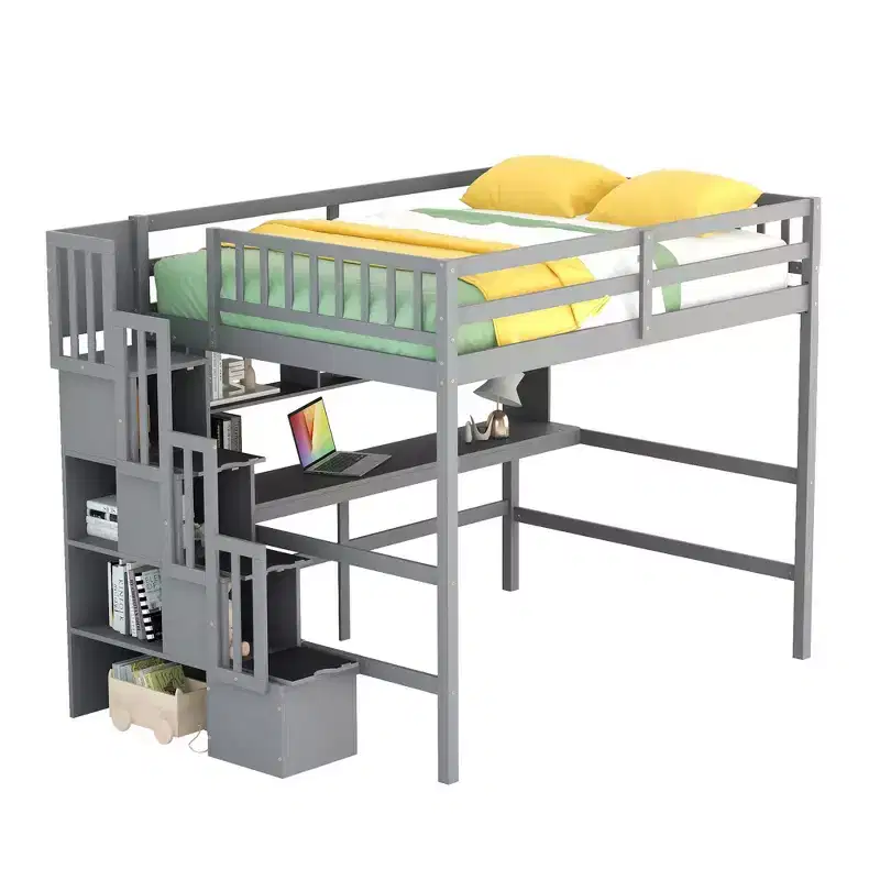 Full Size Loft Bed with Built-in Desk, Storage Shelves & Storage Staircase for Bedroom Gray