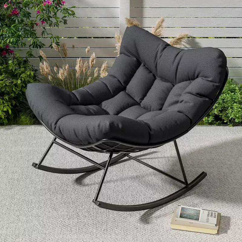 TROPOW Outdoor Papasan Rocking Chair, Oversized Patio Wicker Egg Chair with Soft Thick Cushio, Lounge Rocker, Comfy Reading Chairs for Balcony