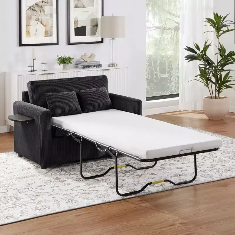 Convertible Chaise Lounge Twin Size Sofa Bed Sleeper Sofa Loveseat with Foldable Mattress, Foldable Side Table, Storage Pocket & USB Ports-ModernLuxe