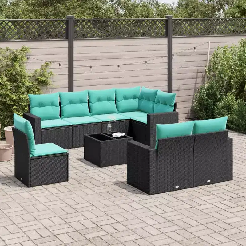 9 Piece Patio Sofa Set with Cushions Black Poly Rattan