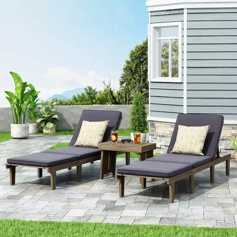 Christopher Knight Home Alisa Outdoor Acacia Wood 3 Piece Adjustable Armless Chaise Lounge Chat Set with Cushions