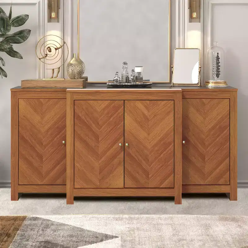 Walnut Wood 4-Door Chevron Sideboard Buffet 61.9