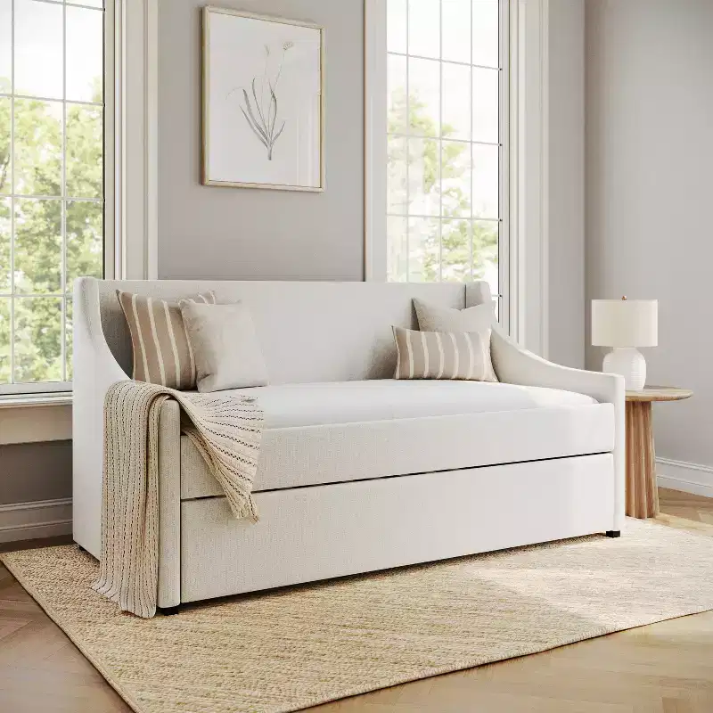 Twin Upholstered Daybed with Pull-Out Trundle, Off-White Faux Linen, Solid Wood Frame, 500 lb Capacity, No Box Spring Needed