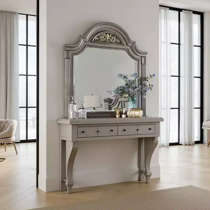 Royal Hampton Dresser Mirror, 49 Inch Floral Arched Shape, Gray Solid Wood
