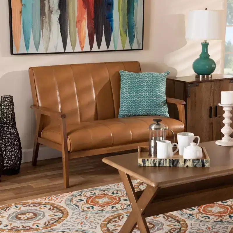 Faux Leather and Wood Frame Loveseat 2-Seater Walnut/Brown