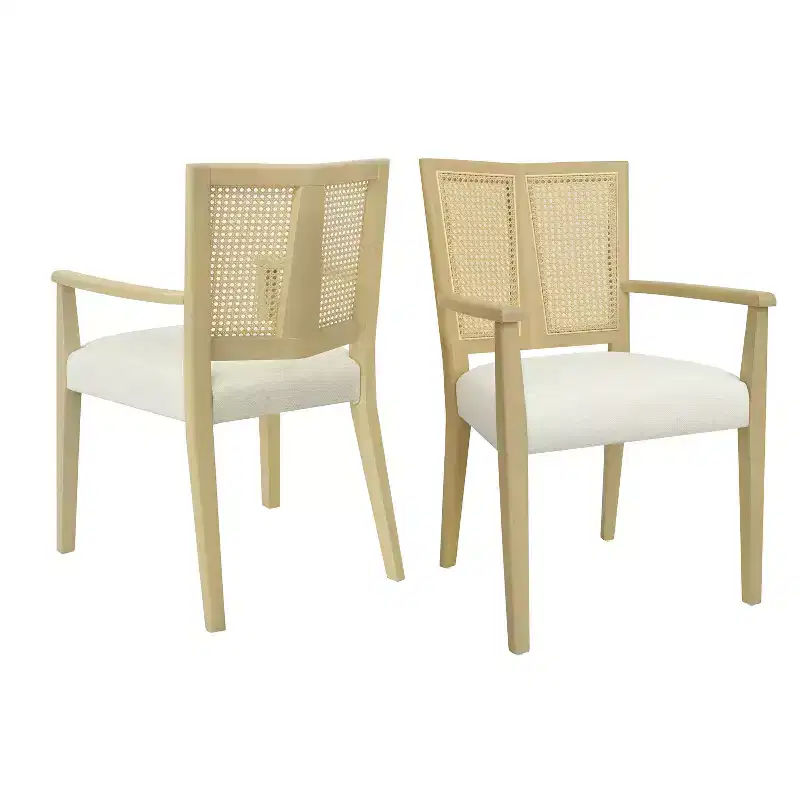 2Pcs Modern Upholstered Fabric Armchairs Dining Chairs Rattan Back Dining Room Chairs Accent Kitchen Chairs with Solid Wood Legs Natural