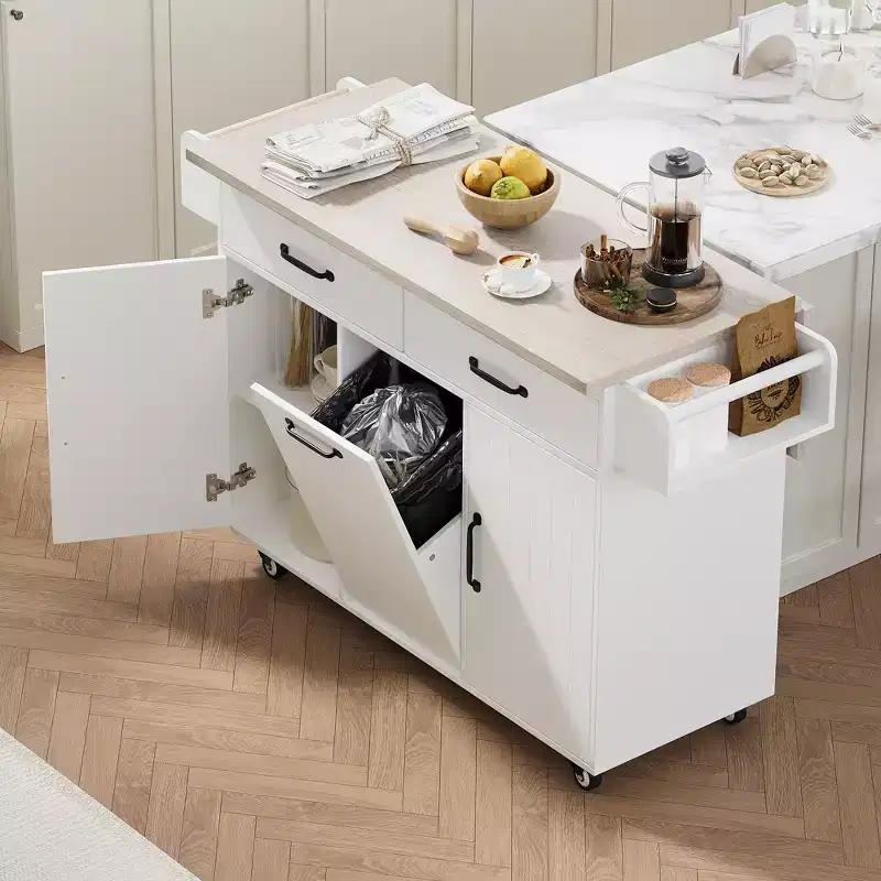 Rolling Kitchen Island Cart with Trash Can Storage, Drop Leaf, Spice Rack, Towel Rack, Drawer & Adjustable Shelf – 35