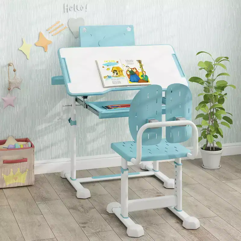 Costway Kid's Study Desk & Chair Set w/Tilt Desktop Book Stand Footrest Bar for Toddlers