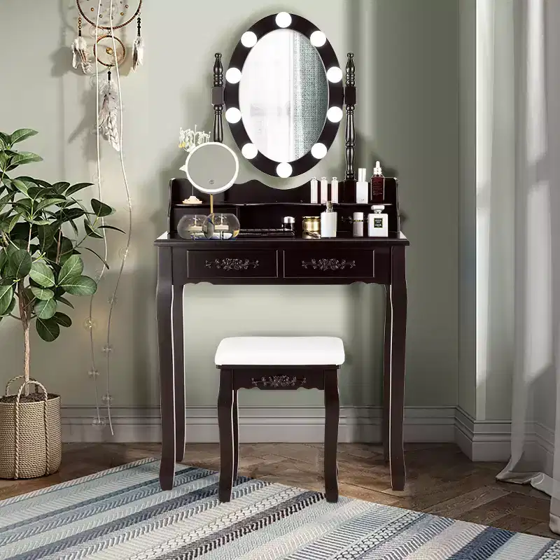 Costway Vanity Table Table 10 Dimmable Bulbs Black White Brown