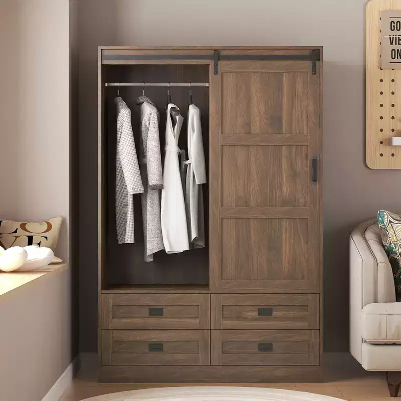 Tall Bedroom Armoire Wardrobe Closet Clothing Storage Cabinet with Hanging Rod Barn Door Drawers Open Shelves