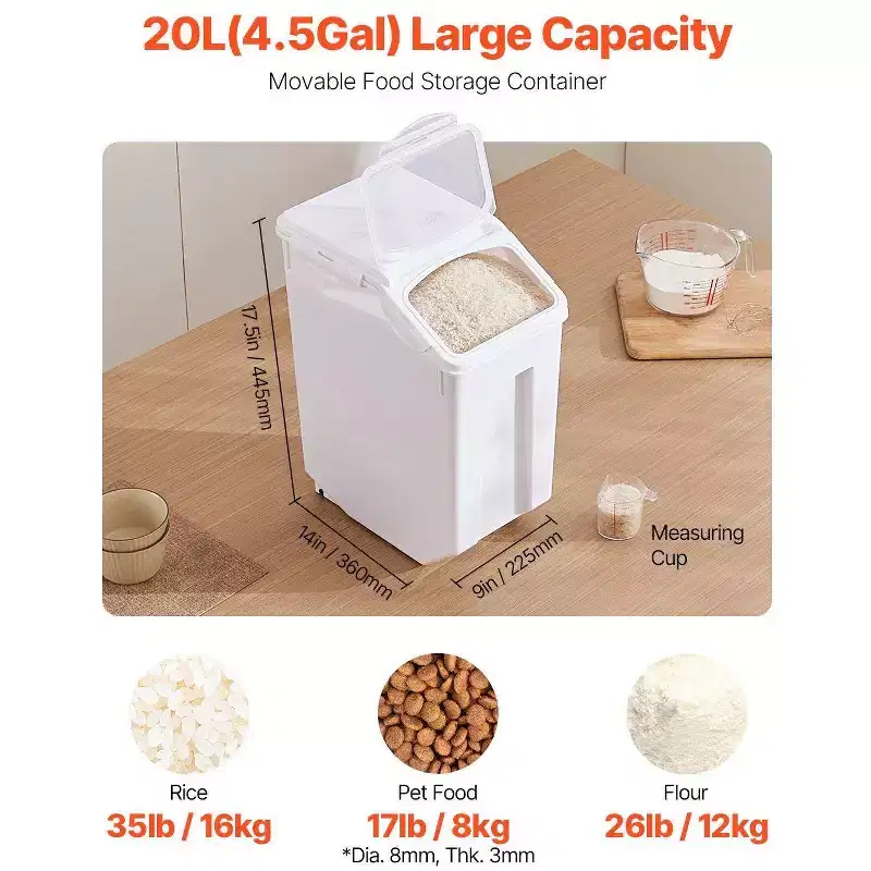 4.5Gal/20L Airtight Food Storage Container with Wheels & Measuring Cup for Rice, Pet Food, Grain, Flour, White